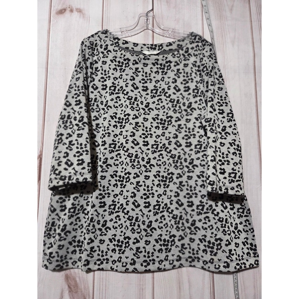 CJ Banks Womens 1X Leopard Print Boat Neck 3/4 Sleeve Knit Top Grey Black
